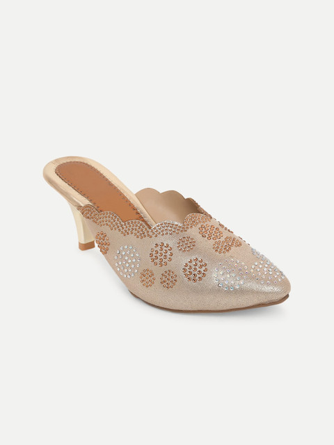 

FREECO Women Gold Embellished Leather Kitten Heeled Mules