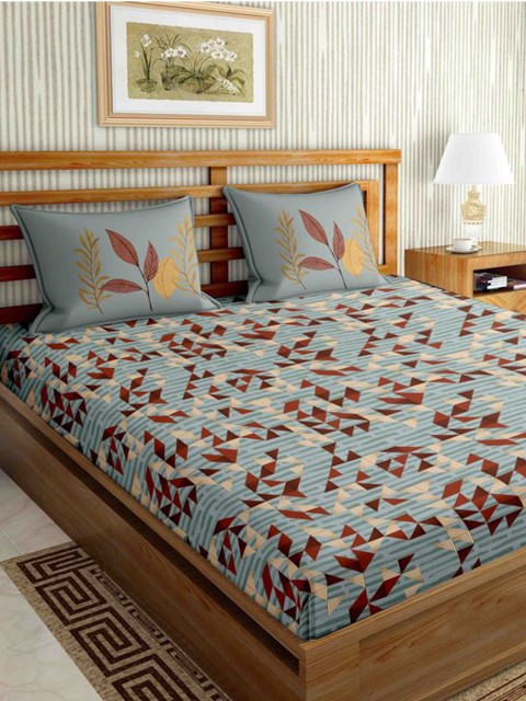 

BELLA CASA Grey & Maroon Geometric 160 TC Cotton King Bedsheet with 2 Pillow Covers