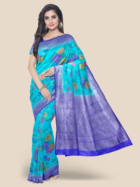 

Kalamandir Blue & Pink Floral Zari Silk Blend Banarasi Saree