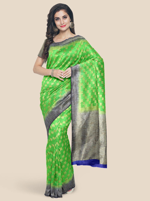 

Kalamandir Green & Blue Ethnic Motifs Zari Silk Blend Banarasi Saree