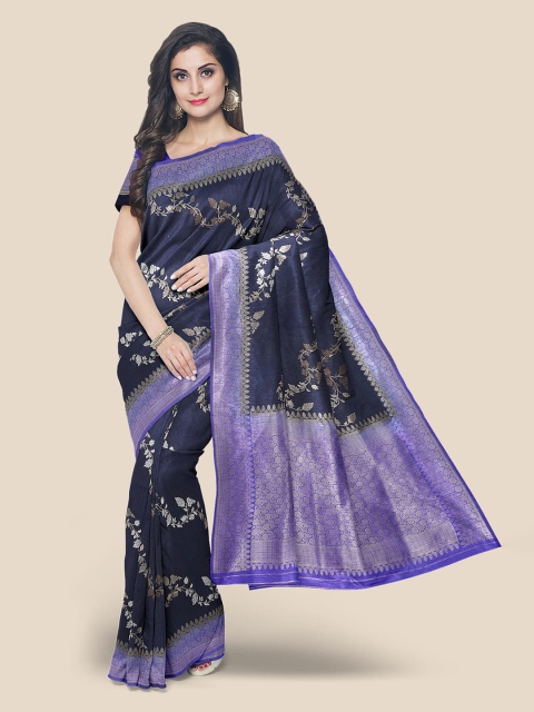 

Kalamandir Navy Blue & Purple Floral Zari Silk Blend Banarasi Saree