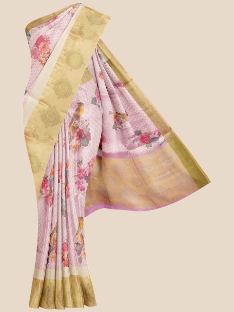 

Kalamandir Pink & Gold-Toned Floral Zari Silk Blend Banarasi Saree