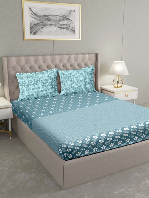 

BELLA CASA Blue & Off White Floral 180 TC Cotton King Bedsheet with 2 Pillow Covers