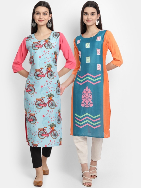 

Ethnic basket Women Pack of 2 Blue & Orange Printed Crepe Kurta
