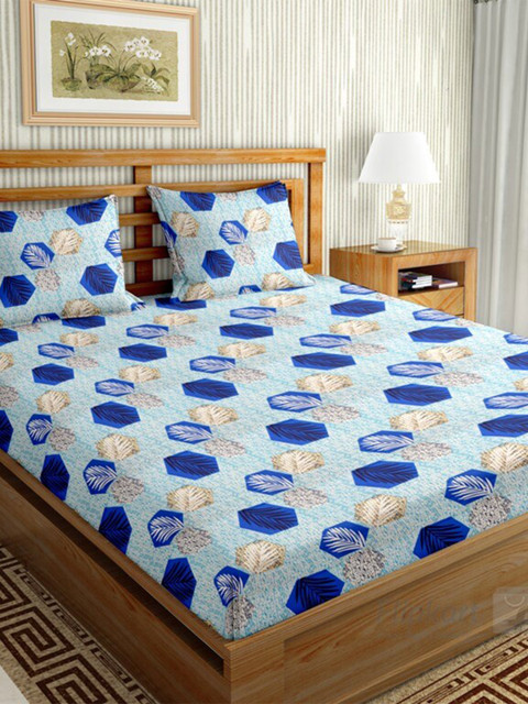 

BELLA CASA Blue & Brown Geometric 144 TC Cotton King Bedsheet with 2 Pillow Covers