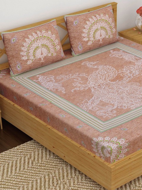 

METRO LIVING Brown & White Ethnic Motifs 120 TC Queen Bedsheet with 2 Pillow Covers