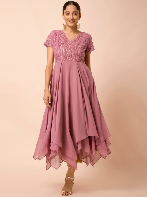 

INDYA Women Pink Embroidered Pleated Kurta with Trousers