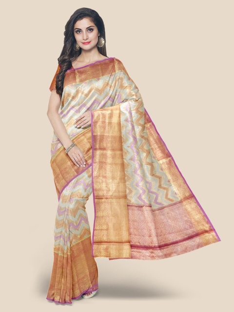 

Kalamandir Cream & Violet Striped Zari Silk Blend Banarasi Saree