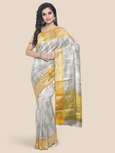 

Kalamandir Grey & Yellow Ethnic Motifs Zari Chanderi Saree