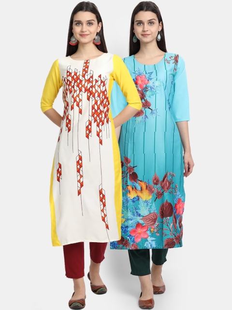 

Ethnic basket Women Pack Of 2 Floral Digital Printed Crepe Straight Kurta, Yellow