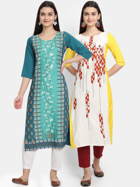 

Ethnic basket Women Pack Of 2 Green & White Floral Printed Crepe Kurtas