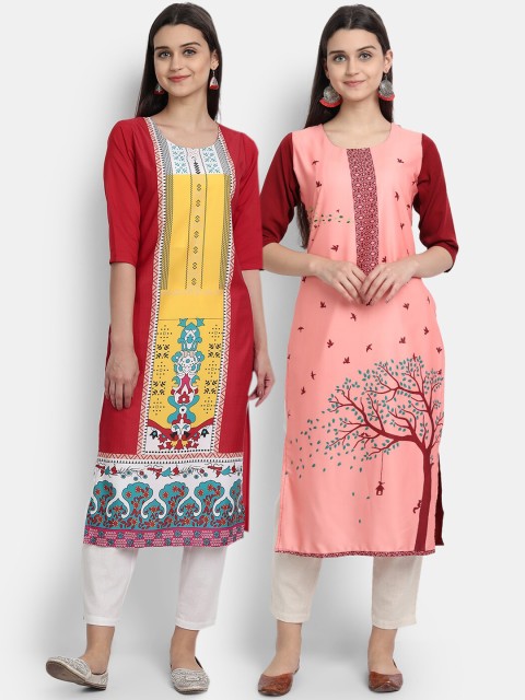 

Ethnic basket Women Pack Of 2 Red & Pink Ethnic Motifs Printed Crepe Kurta