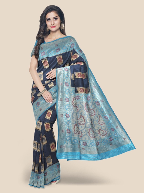 

Kalamandir Navy Blue & Brown Floral Silk Blend Banarasi Saree