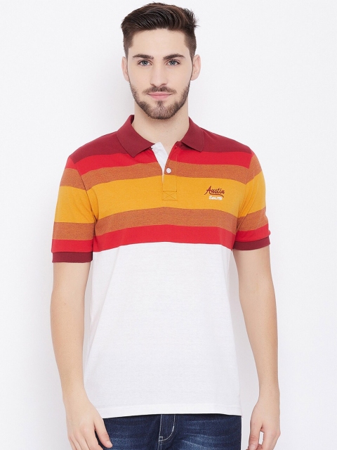 

Austin wood Men White Striped Polo Collar Applique T-shirt