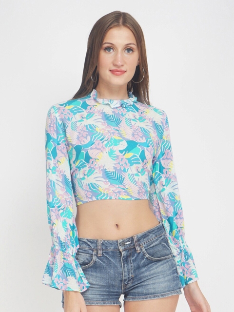 

Oxolloxo Turquoise Blue & Pink Floral Bell Sleeve Crepe Styled Back Crop Top