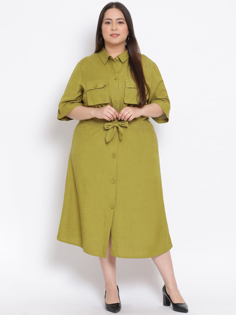 

Oxolloxo Olive Green Linen Blend Plus Size Midi Shirt Dress