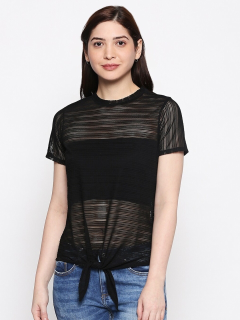 

People Black Striped Cotton Regular Top