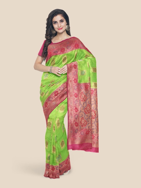 

Kalamandir Lime Green & Pink Woven Design Zari Silk Blend Banarasi Saree