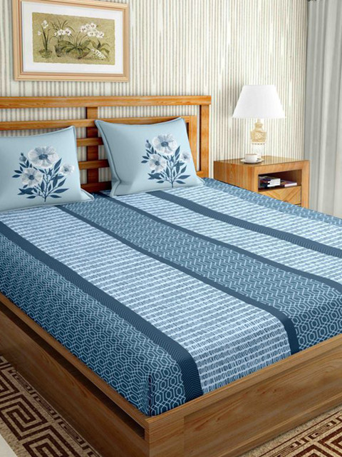 

BELLA CASA Blue Striped 160 TC King Bedsheet with 2 Pillow Covers