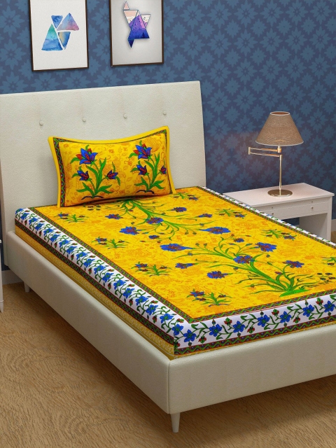 

METRO LIVING Yellow Floral 104 TC Cotton Single Bedsheet with 1 Pillow Covers