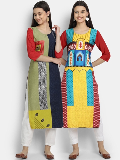 Ethnic Basket Women Pack of 2 Assorted Printed Crepe Kurtas, Multi