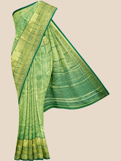

Kalamandir Sea Green & Gold-Toned Ethnic Motifs Zari Silk Blend Kanjeevaram Saree