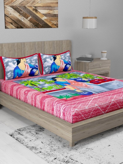 

METRO LIVING Red & Green Graphic 120 TC Cotton Queen Bedsheet with 2 Pillow Covers