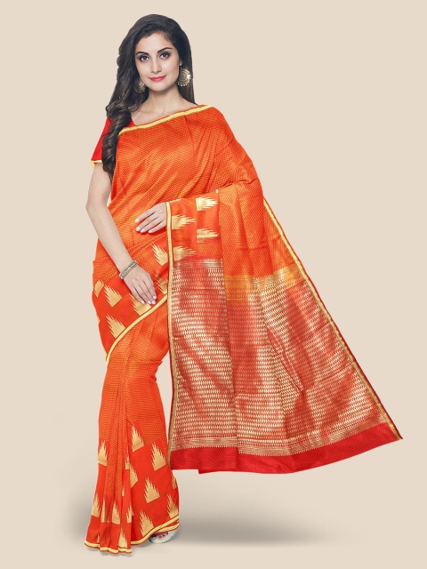 

Kalamandir Orange & Gold-Toned Silk Blend Kanjeevaram Saree
