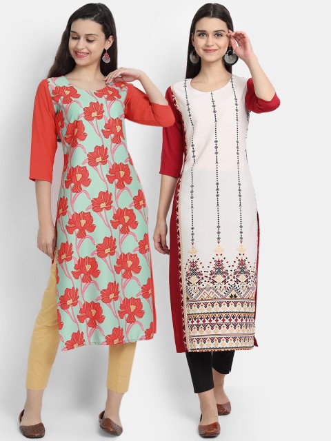 

Ethnic basket Women Pack Of 2 Red & Cream-Coloured Geometric Printed Crepe Kurtas
