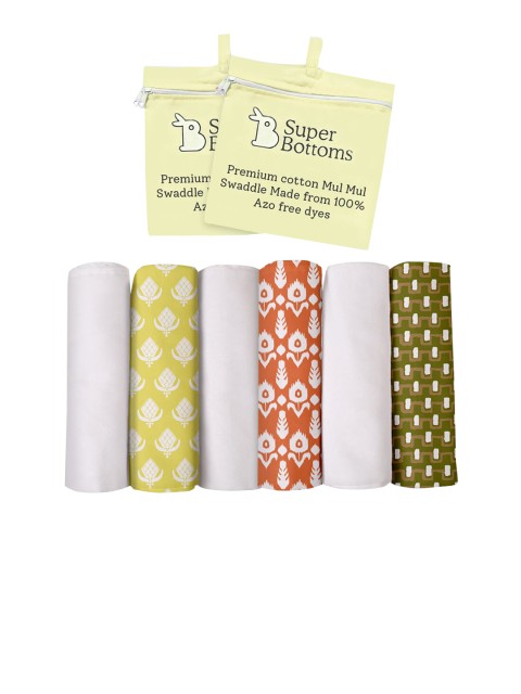 

SuperBottoms Infant Kids Pack Of 6 Printed Pure Cotton Mul Mul Swaddles, White