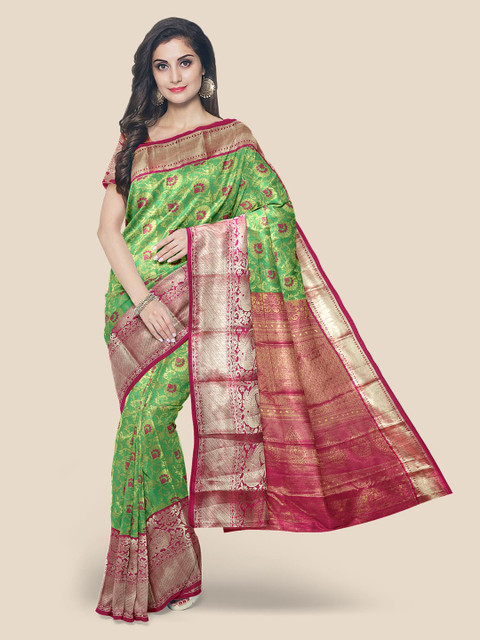 

Kalamandir Green & Pink Floral Zari Silk Blend Kanjeevaram Saree