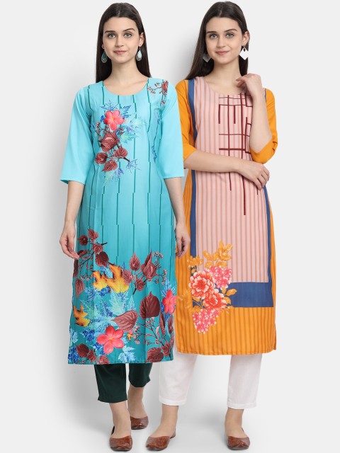 

Ethnic basket Women Crepe Multi Color Digital Floral Print Straight Kurta Pack Of 2