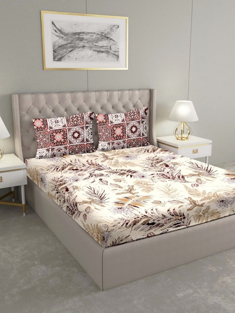 

BELLA CASA Beige & Brown Floral 180 TC King Bedsheet with 2 Pillow Covers