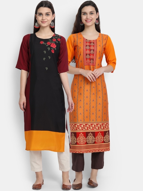

Ethnic basket Women Pack Of 2 Yellow & Maroon Ethnic Motifs Crepe Kurtas