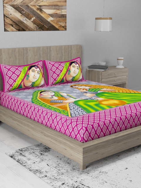 

METRO LIVING Pink & Green Ethnic Motifs 120 TC Queen Bedsheet with 2 Pillow Covers