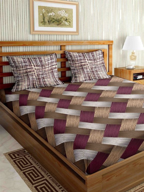 

BELLA CASA Brown & Pink Geometric 144 TC Cotton King Bedsheet with 2 Pillow Covers
