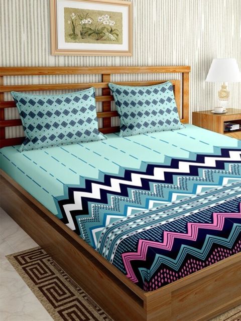 

BELLA CASA Sea Green & Purple Geometric 144 TC Cotton King Bedsheet with 2 Pillow Covers