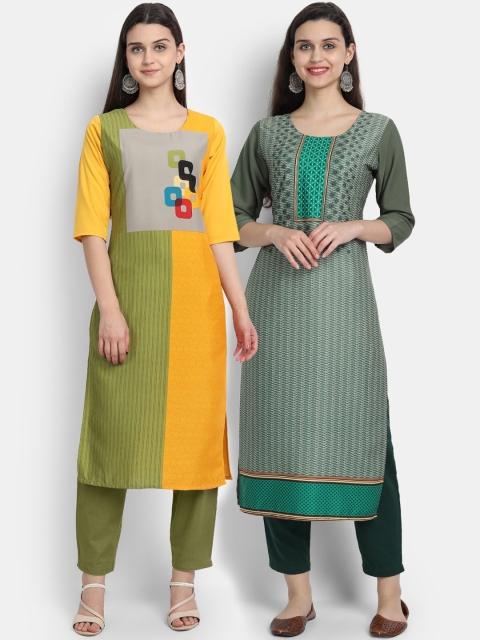 

Ethnic basket Women Pack of 2 Yellow & Green Colourblocked Crepe Kurta
