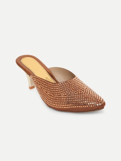 

FREECO Brown Embellished Leather Slim Heeled Mules