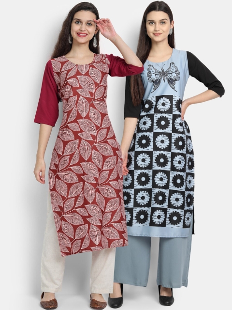 

Ethnic basket Women Pack Of 2 Digitally Printed Crepe Straight Kurta, Maroon