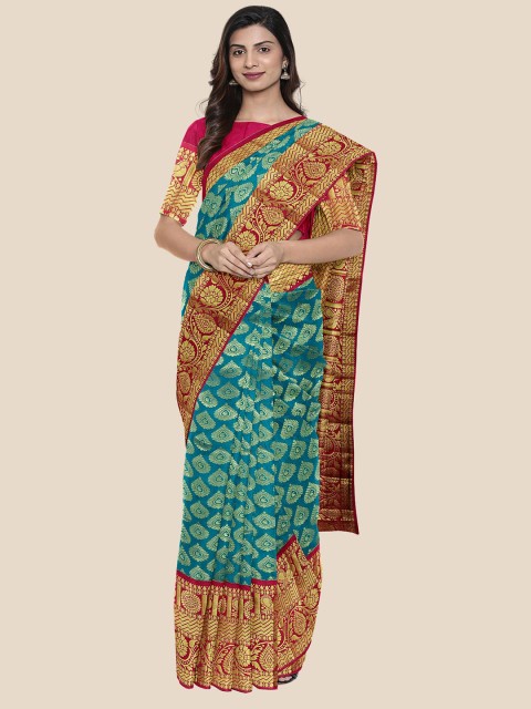 

Kalamandir Teal Blue Woven Design Zari Silk Blend Kanjeevaram Saree