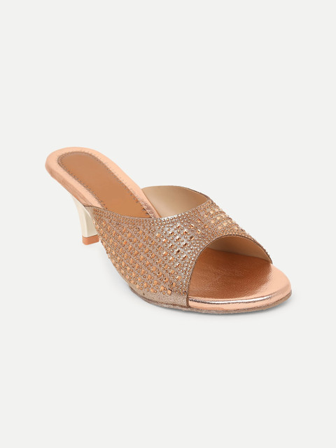 

FREECO Women Rose Gold Embellished Leather Party Wear Stiletto Sandals