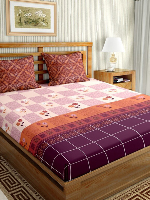 

BELLA CASA Purple & Cream-Coloured Geometric 144 TC King Bedsheet with 1 Pillow Covers