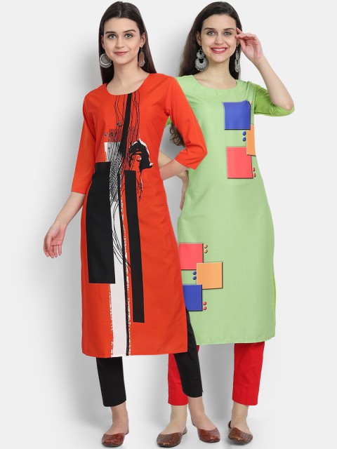 

Ethnic basket Women Pack Of 2 Orange & Green Geometric Printed Crepe Kurta