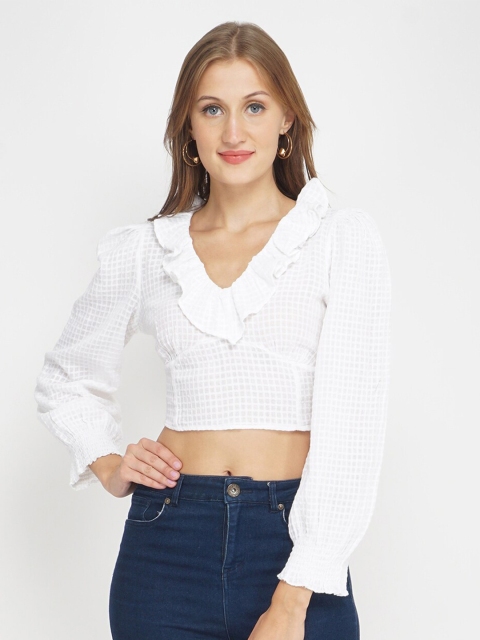 

Oxolloxo White Self Design Checked Ruffles Fitted Crop Top