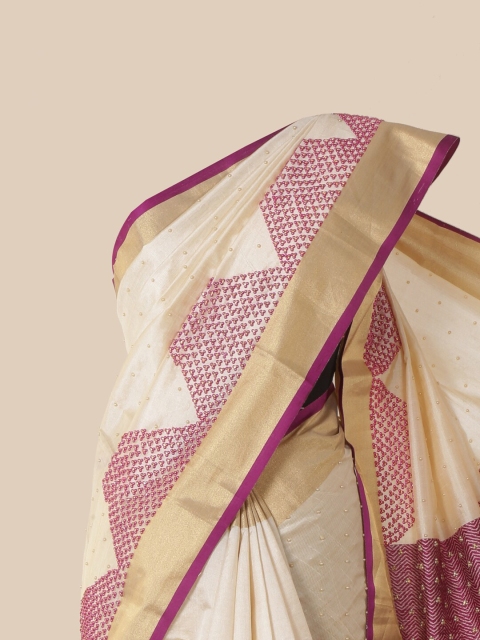 

Pothys Cream & Magenta Embellished Beads and Stones Jute Silk Saree