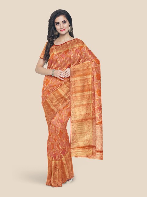 

Kalamandir Orange & Gold-Toned Zari Silk Blend Banarasi Saree