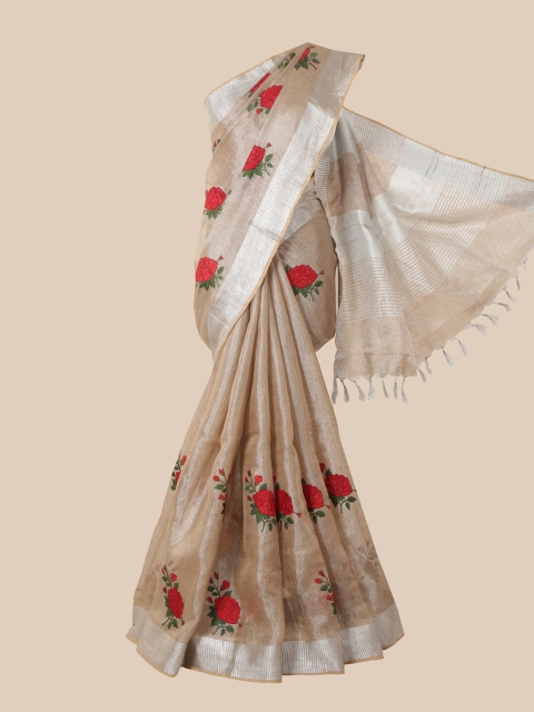 

Pothys Tan & Red Floral Zari Linen Blend Saree