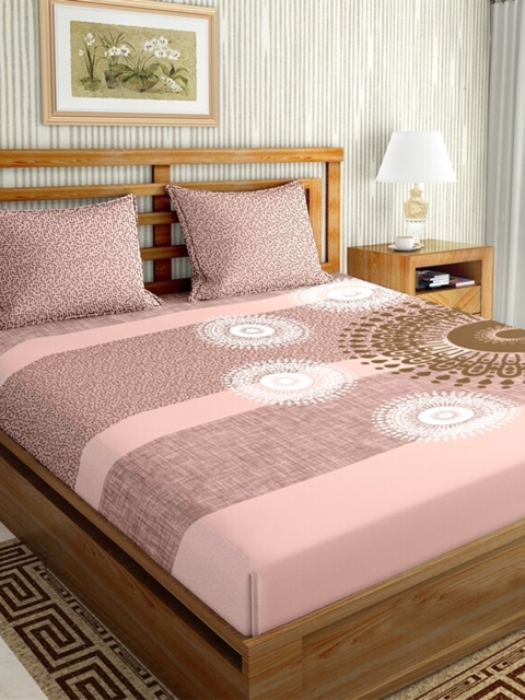 

BELLA CASA Peach Ethnic Motifs 144 TC Cotton King Bedsheet with 2 Pillow Covers