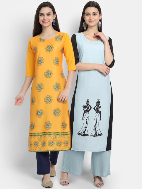 

Ethnic basket Women Pack Of 2 Digital Printed Crepe Straight Kurta, Yellow